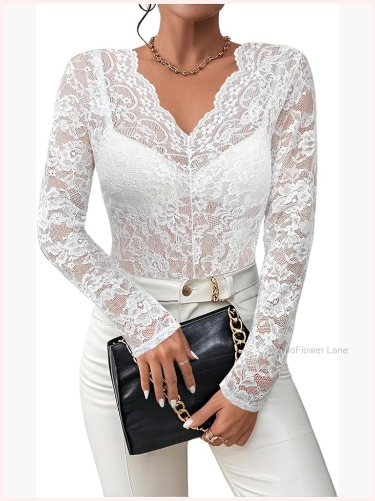 Plus Size Lace Floral Embroidery Sheer V Neck Long Sleeve Top Blouse